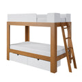 Twin loft bunk bed with natural wood frame, white guardrails, angled ladder and under-bed storage drawers