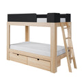 Natural wood twin loft bed with ladder, black safety guardrails and built-in under-bed storage drawers — space-saving kids' bunk bed