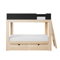 Natural pine loft bed with black safety guardrail, white upper-bunk mattress and two under-bed pull-out storage drawers — modern minimalist wooden kids loft bed