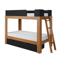 Wood loft bed with ladder, black safety rails and underbed storage drawers in natural finish — space-saving bunk bed