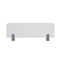 White bench backrest with wooden hardware and metal brackets, modern minimalist design.