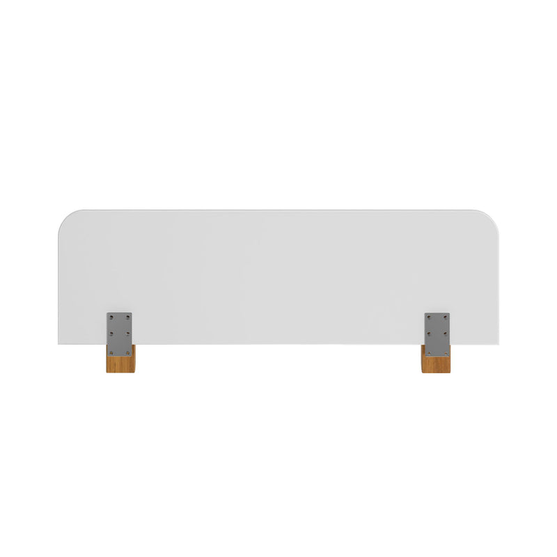 White bench backrest with wooden hardware and metal brackets, modern minimalist design.