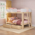 Light wood kids bunk bed with pink bedding, pull-out storage drawers and mustard curtains in a pastel patterned girls' bedroom