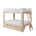Wooden loft bunk bed with ladder, white safety rails and built-in underbed storage drawers — space-saving kids' bedroom solution