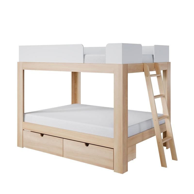 Wooden loft bunk bed with ladder, white safety rails and built-in underbed storage drawers — space-saving kids' bedroom solution