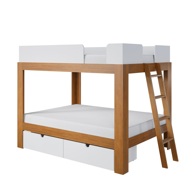 Modern wooden bunk bed with ladder, white safety rails and under-bed storage drawers, space-saving kids bedroom furniture