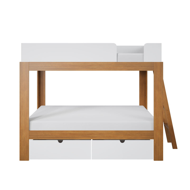 Natural oak twin bunk bed with white safety rail, angled ladder and built-in under-bed storage drawers, modern kids' loft bed