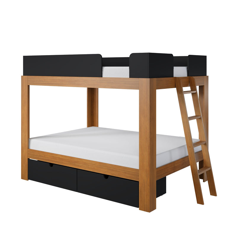 Modern solid wood twin-over-twin bunk bed with ladder, black safety rails and under-bed storage drawers