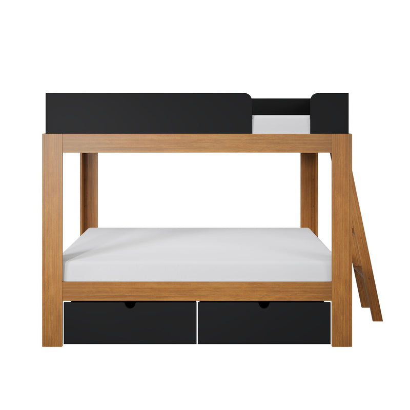 Natural oak loft bed with black safety guardrail, white single mattress and two under-bed black storage drawers — modern children's bed