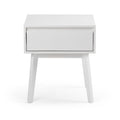 Modern white nightstand with single drawer and angled legs, minimalist bedside table with storage isolated on white background