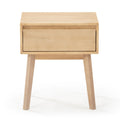 Light maple mid-century modern nightstand with single drawer and angled legs, bedside table for bedroom