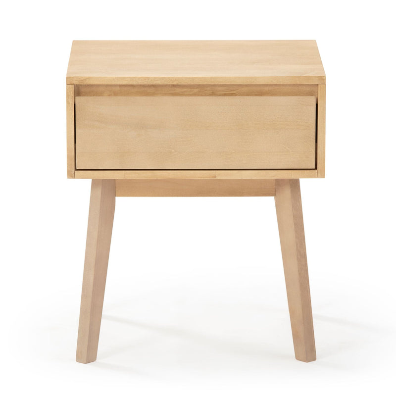 Light maple mid-century modern nightstand with single drawer and angled legs, bedside table for bedroom