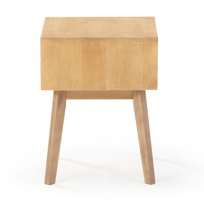 Light natural wood mid-century modern nightstand bedside table with square storage box and tapered angled legs on white background