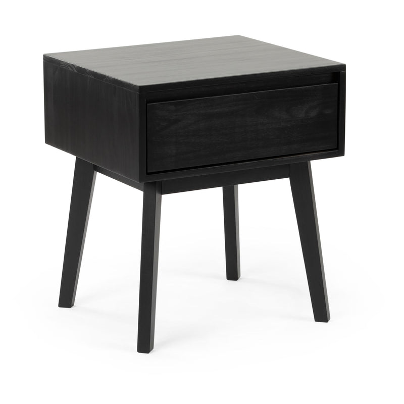Black wooden bedside table with single drawer and tapered legs, minimalist mid-century modern nightstand on white background