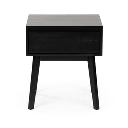 Modern black wooden nightstand with single drawer and sleek design.