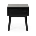 Black mid-century modern wooden nightstand with single drawer and tapered legs, bedside table for bedroom storage
