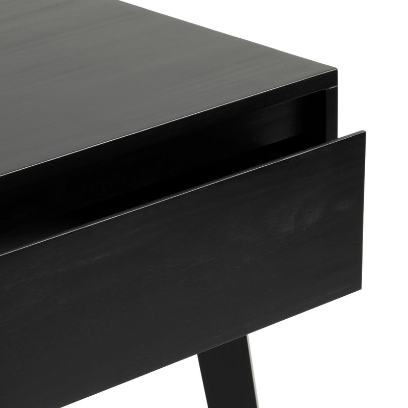 Sleek black modern desk with open drawer showcasing minimalist design.