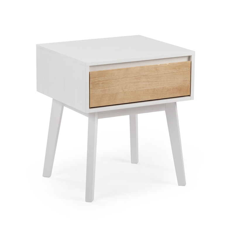 White bedside table with natural wood drawer and tapered legs, modern Scandinavian nightstand