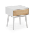 Mid-century modern white bedside table with single natural wood drawer, tapered legs, compact nightstand for bedroom storage