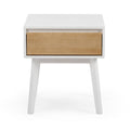 Minimalist white bedside table with natural wood drawer and angled legs – Scandinavian nightstand with storage