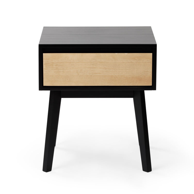Modern black and natural wood nightstand with one drawer and tapered legs, minimalist bedside table on white background