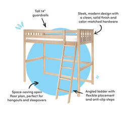 Wooden loft bed with tall guardrails, sleek modern design, space-saving open floor plan, and angled ladder with anti-slip steps.