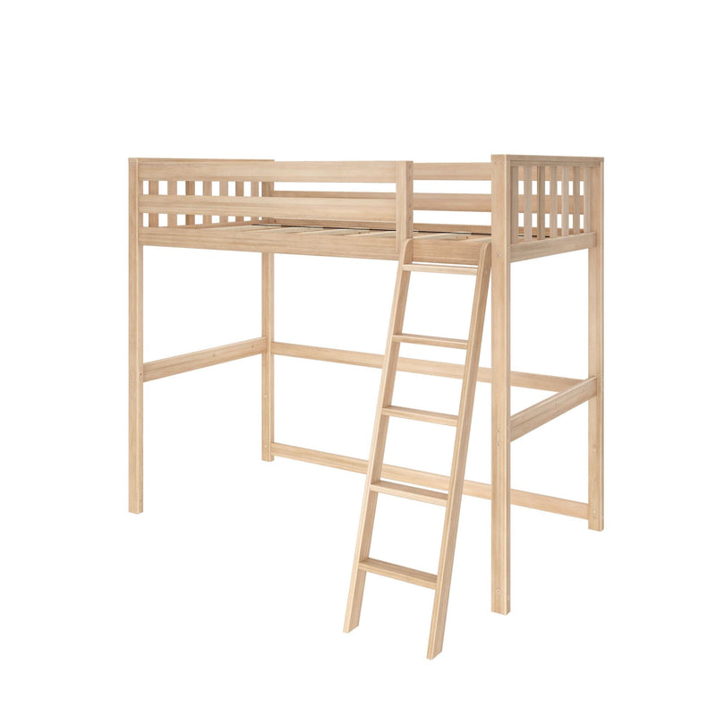 Natural wood loft bed frame with attached ladder for small spaces and minimalist bedroom design.