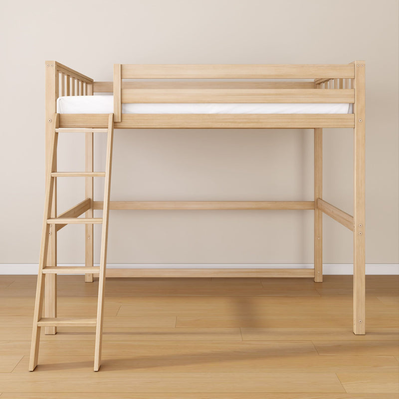 Wooden loft bed with ladder in modern bedroom setting.