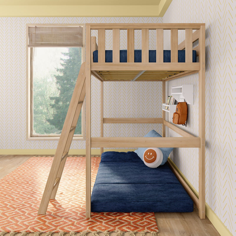 Stylish wooden loft bed with ladder in modern kids' bedroom featuring blue bedding and cheerful decor.