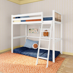 Stylish kids' loft bed with ladder in modern bedroom featuring blue cushions and an orange patterned carpet.