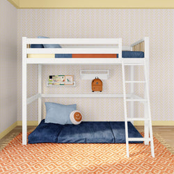 Modern white bunk bed with colorful cushions in a stylish children's room with patterned wallpaper and vibrant rug.