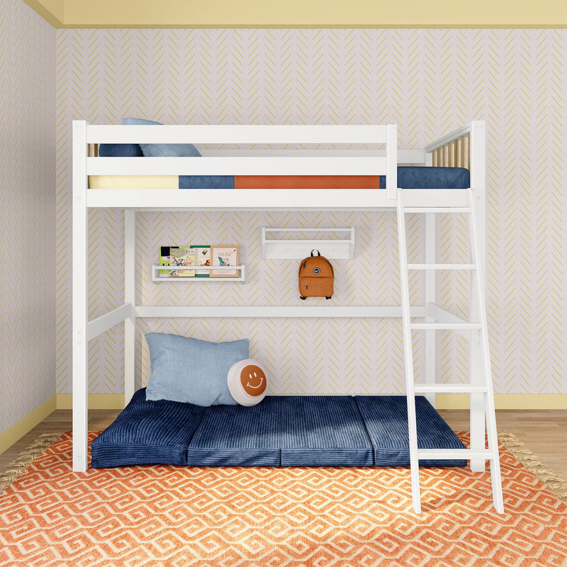 Modern white bunk bed with colorful cushions in a stylish children's room with patterned wallpaper and vibrant rug.