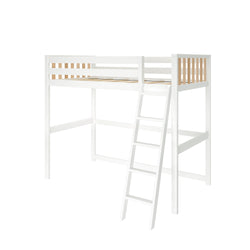 White wooden loft bed with an integrated ladder, ideal for maximizing bedroom space and providing additional storage or play area.