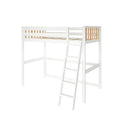 White wooden loft bed with ladder and natural wood slatted guardrails, elevated bed frame with open space underneath for storage or play