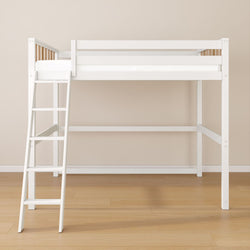 White wooden loft bed with ladder in a minimalist bedroom.