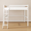 White wooden loft bed with ladder in minimalist kids bedroom over hardwood floor, space-saving design for small rooms