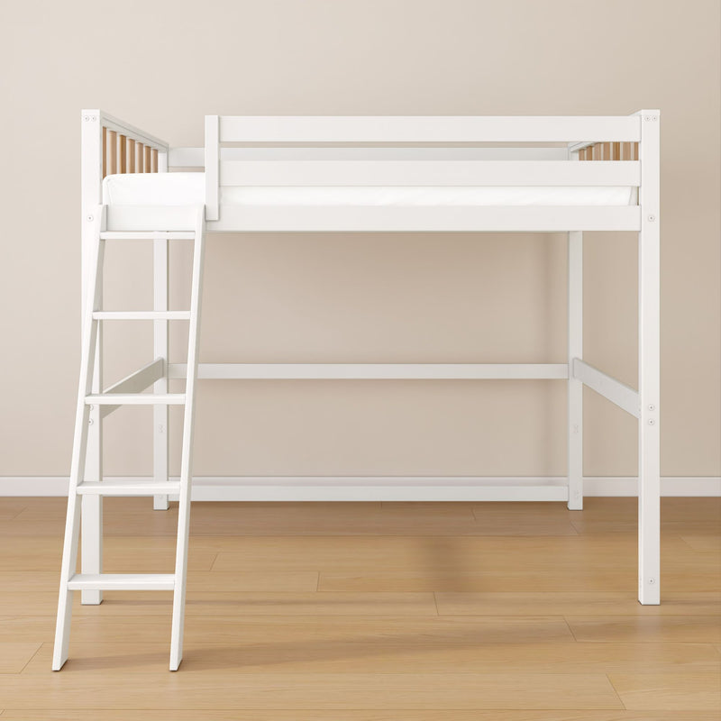 White wooden loft bed with ladder in minimalist kids bedroom over hardwood floor, space-saving design for small rooms