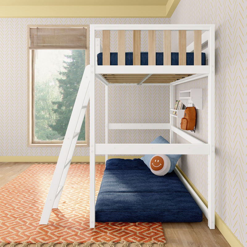 White wooden loft bed over blue futon mattress in modern kids' room with natural light and decorative accents.