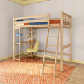 Stylish wooden loft bed with desk underneath, featuring a modern design and vibrant orange patterned rug, perfect for maximizing small space bedrooms.