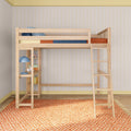 Loft bed with built-in shelves and ladder in a modern children's room with patterned wallpaper and orange geometric rug.