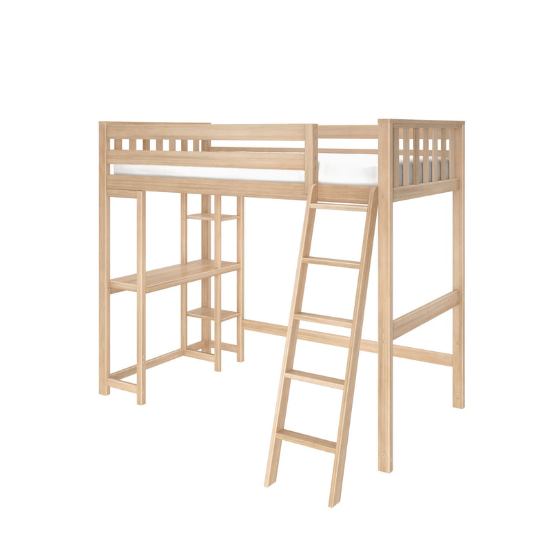 Wooden loft bed with built-in shelves and ladder for space-saving bedroom furniture solutions.