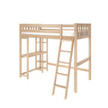 Wooden loft bed with built-in shelves and ladder for space-saving bedroom furniture solutions.