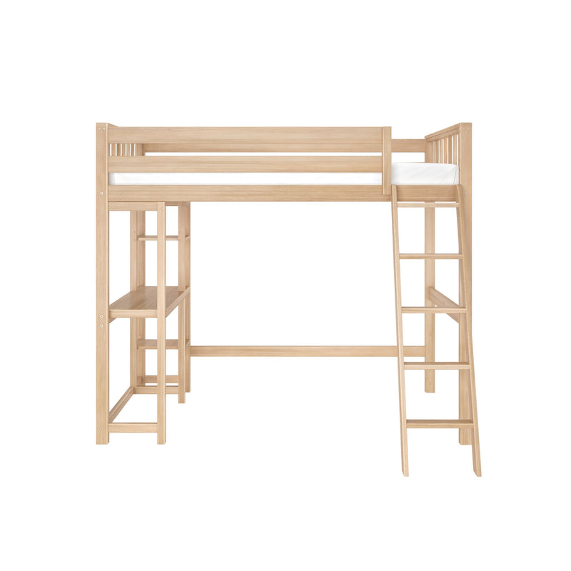 Loft bed with wooden frame and ladder, featuring an integrated desk underneath.
