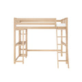 Loft bed with wooden frame and ladder, featuring an integrated desk underneath.