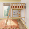 Wooden loft bed with integrated desk and shelves in a modern children's room with natural light.