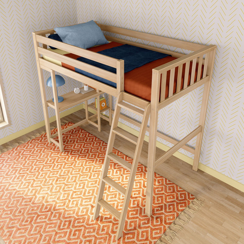 Wooden loft bed with ladder and colorful bedding in a modern kids' room.
