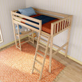 Wooden loft bed with ladder and colorful bedding in a modern kids' room.