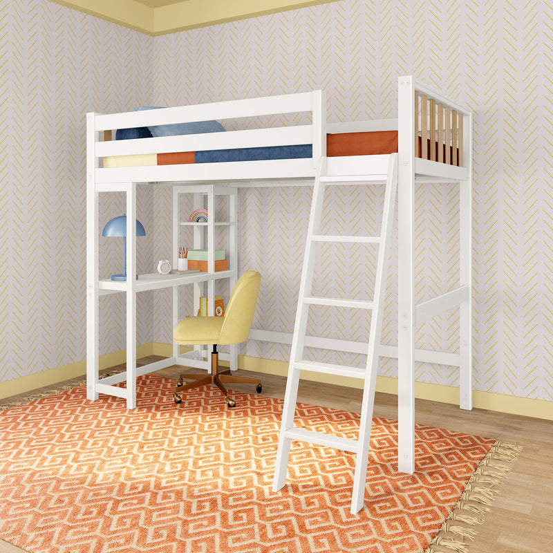 White loft bed with desk underneath, ladder, and chair in a modern bedroom with patterned wallpaper and orange rug.