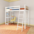 White loft bed with desk underneath, ladder, and chair in a modern bedroom with patterned wallpaper and orange rug.