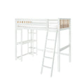 White loft bed with ladder and built-in shelves for kids' bedroom.